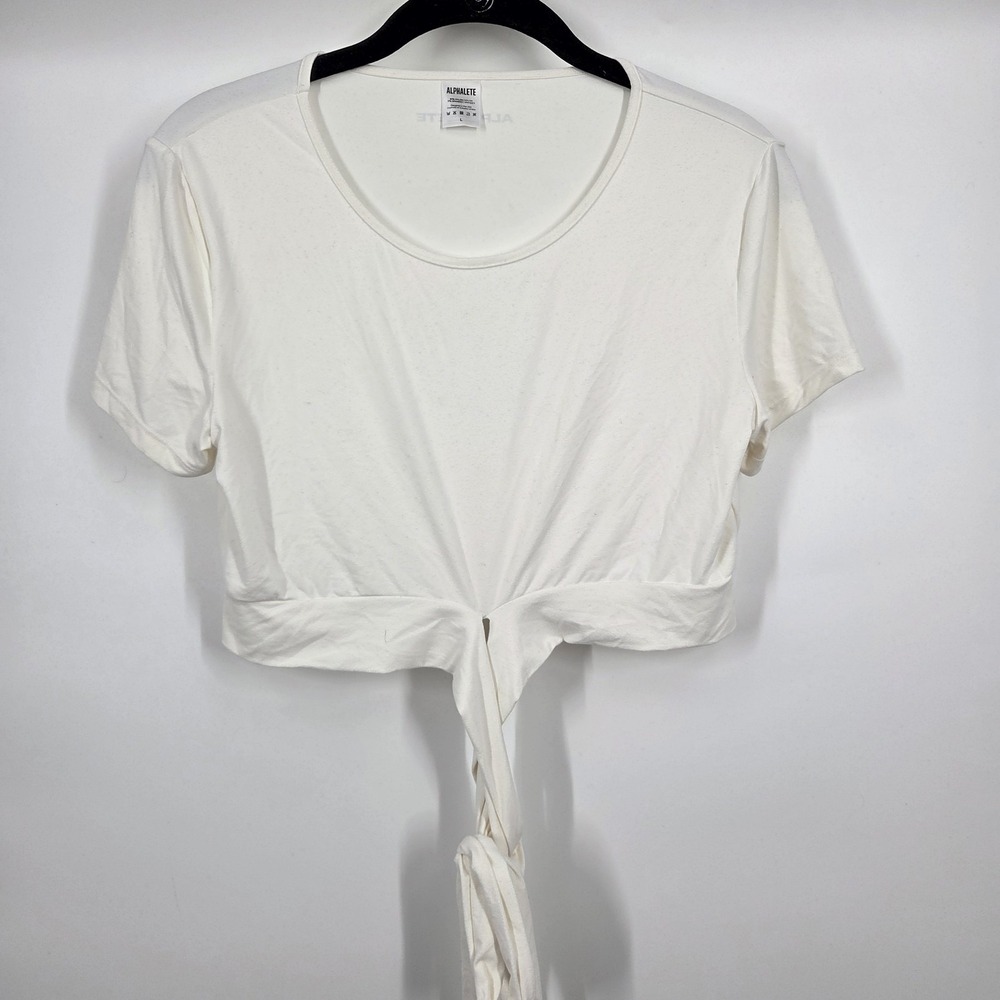 ALPHALETE White Ultra Soft Wrap Tie Short Sleeve Workout Top Size Large Crop